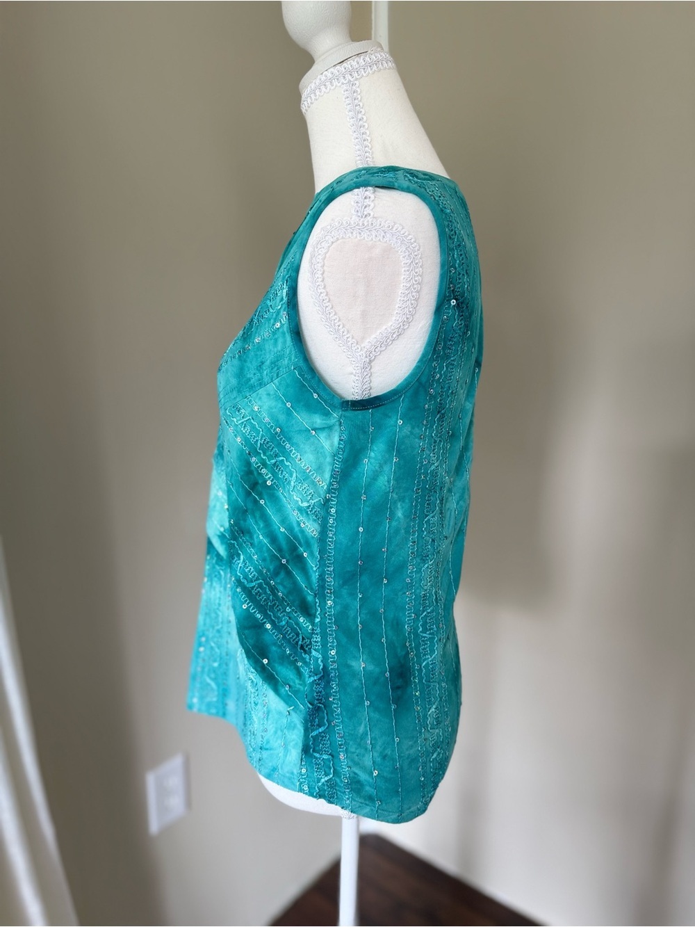 Vintage Y2K Tank Top Fairycore cami Teal Beaded Sleeveless mermaidcore S - Picture 7 of 10